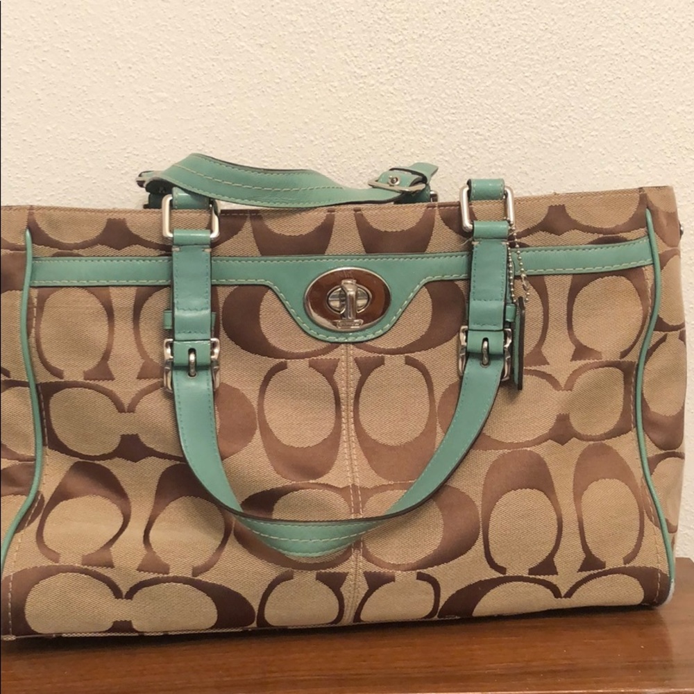 Tan and teal Coach tote bag
